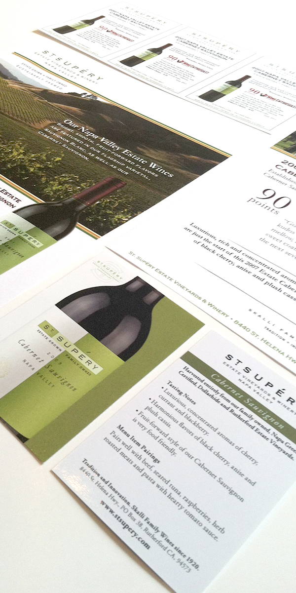 Sellsheets, shelftakers, tabletents and collateral for St. Supery Winery.